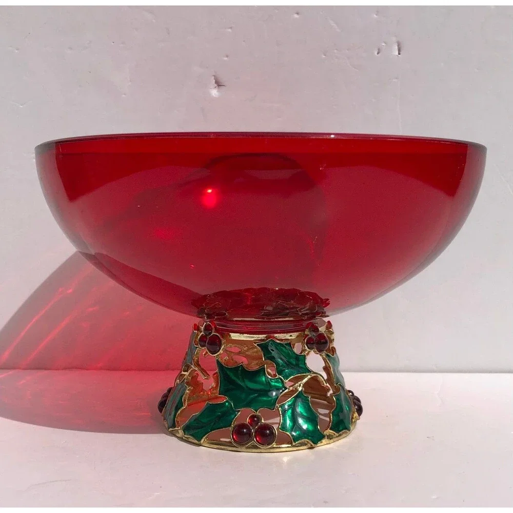Vintage Ruby Red Glass Holly Berry Christmas Candy Bowl Teleflora Gift footed